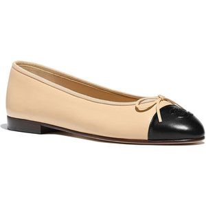 Chanel Lambskin Cap Toe Ballerina Flats 36.5 Beige Black